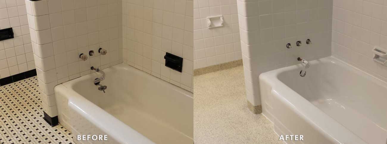 Hotel shower resurfacing before and after bathroom refinishing