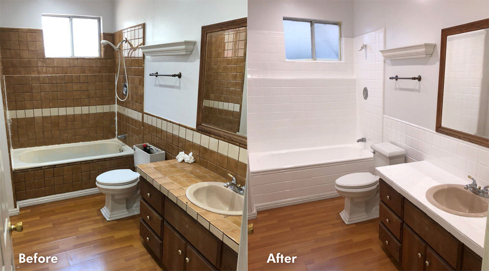 Bathroom tile resurfacing, sink re-glaze and bathtub refinishing before after full resurfacing