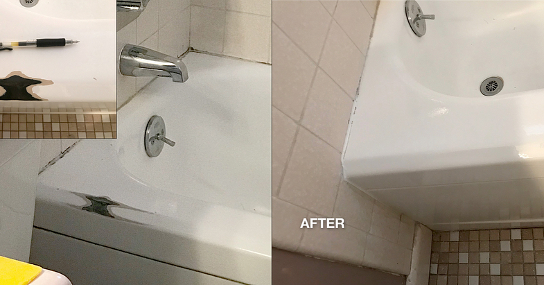 Hotel bathtub refinishing, spot repair before and after - NuFinishPro