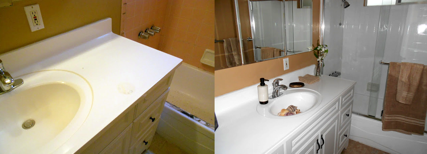 NuFinishPro bathroom vanity refinishing before & after NuFinishPro bathroom vanity resurfacing before & after