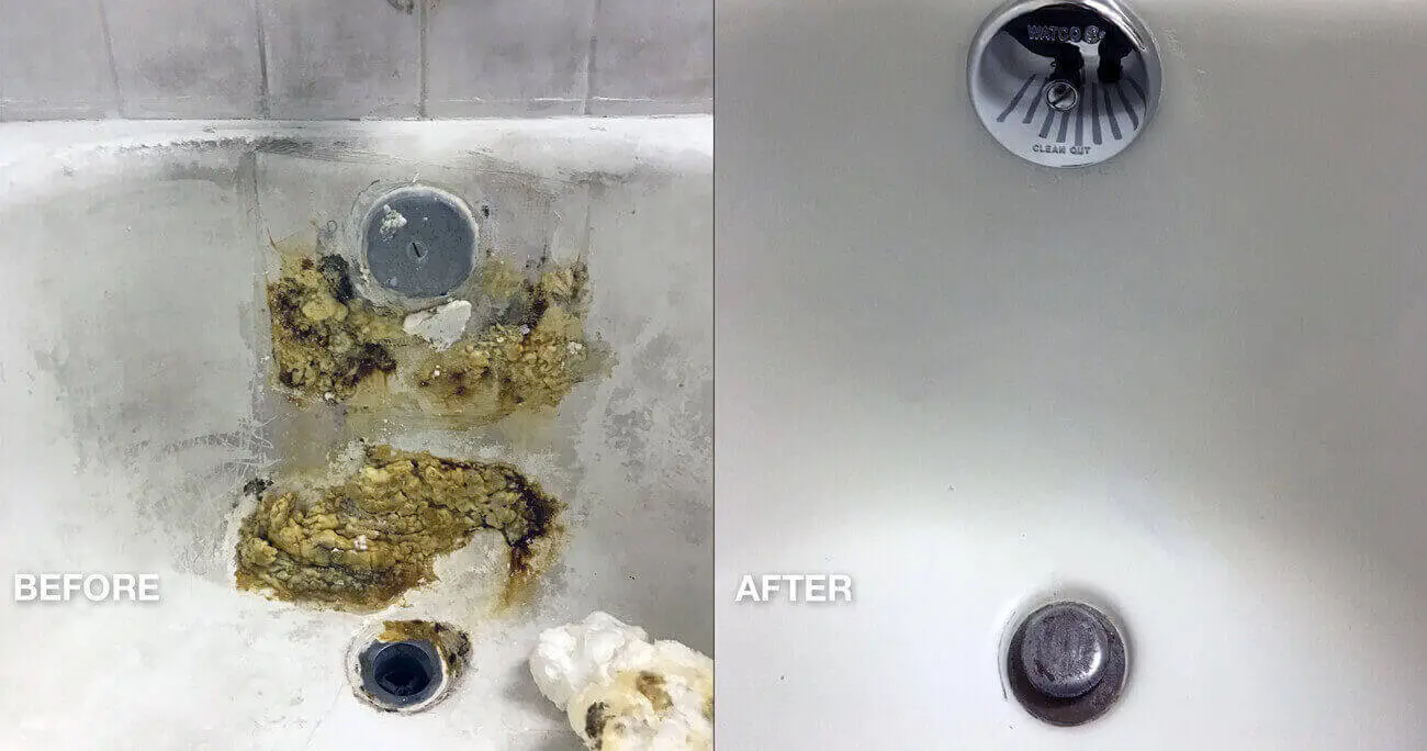 Viesnīcas vannu apdare, bojājumu un rūsas plankumu remonts pirms un pēc paveiktā darba - NuFinishPro