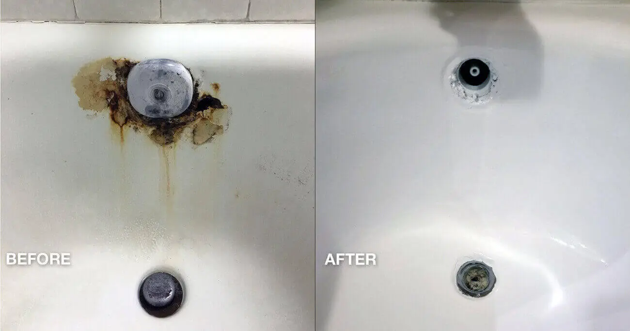 Rifinitura della vasca da bagno dell'hotel, riparazione a punti dei fori di ruggine - prima e dopo il lavoro svolto - NuFinishPro