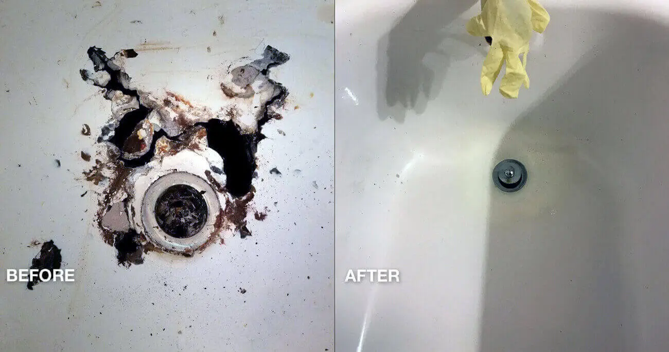 Rifinitura della vasca da bagno dell'hotel, riparazione di punti danneggiati dalla ruggine - prima e dopo il lavoro svolto - NuFinishPro