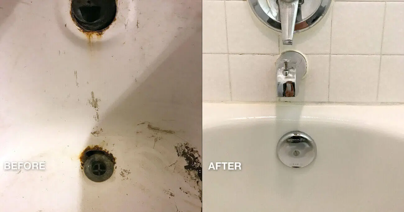 Reacabado de bañeras de hotel, reparación de manchas antes y después del trabajo realizado- NuFinishPro
