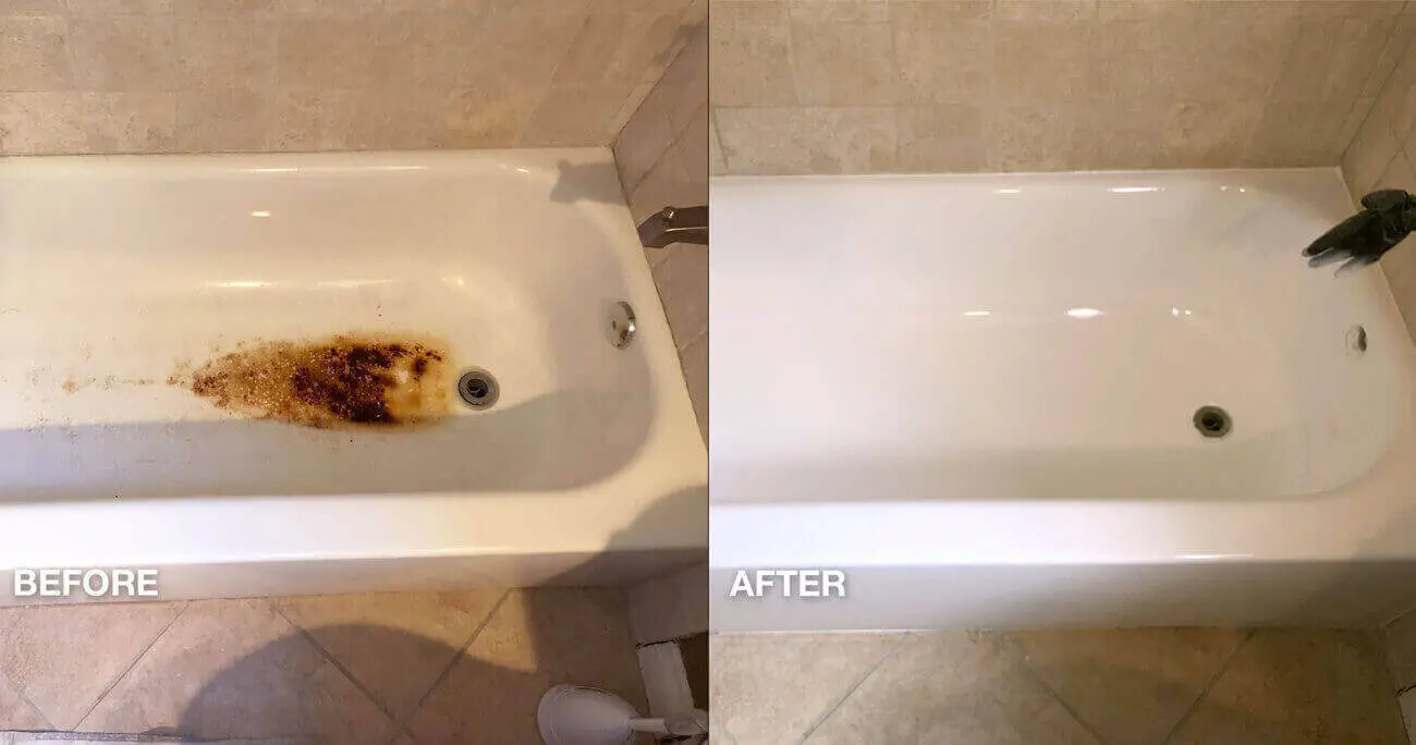 Viesnīcas vannu apdare, grīdas rūsas plankumu remonts pirms un pēc paveiktā darba - NuFinishPro