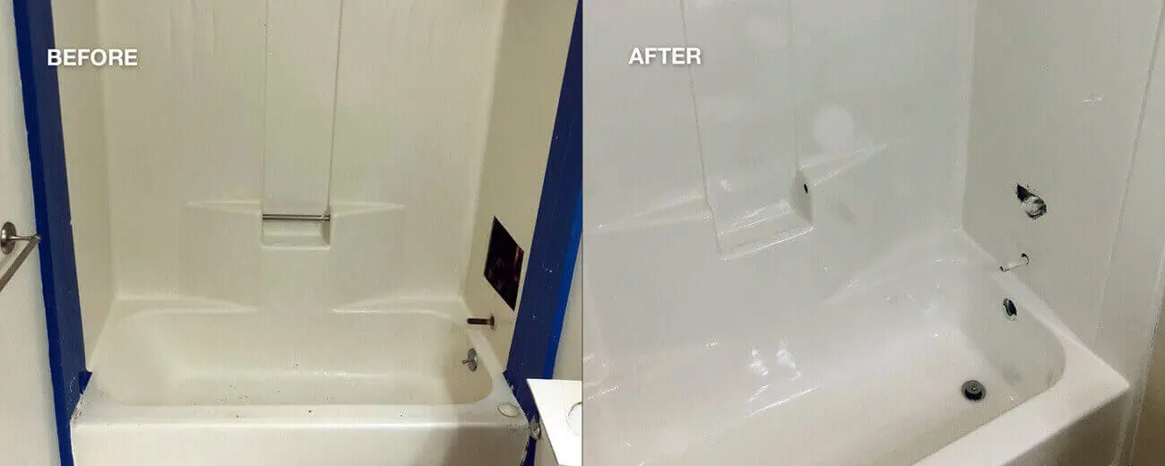 Bathtub refinishing, resurface shower before and after work done- NuFinishPro