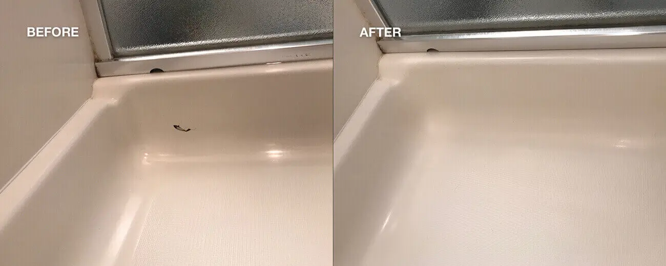Dušas seguma atjaunošana, vietas remonts pirms un pēc paveiktā darba - NuFinishPro